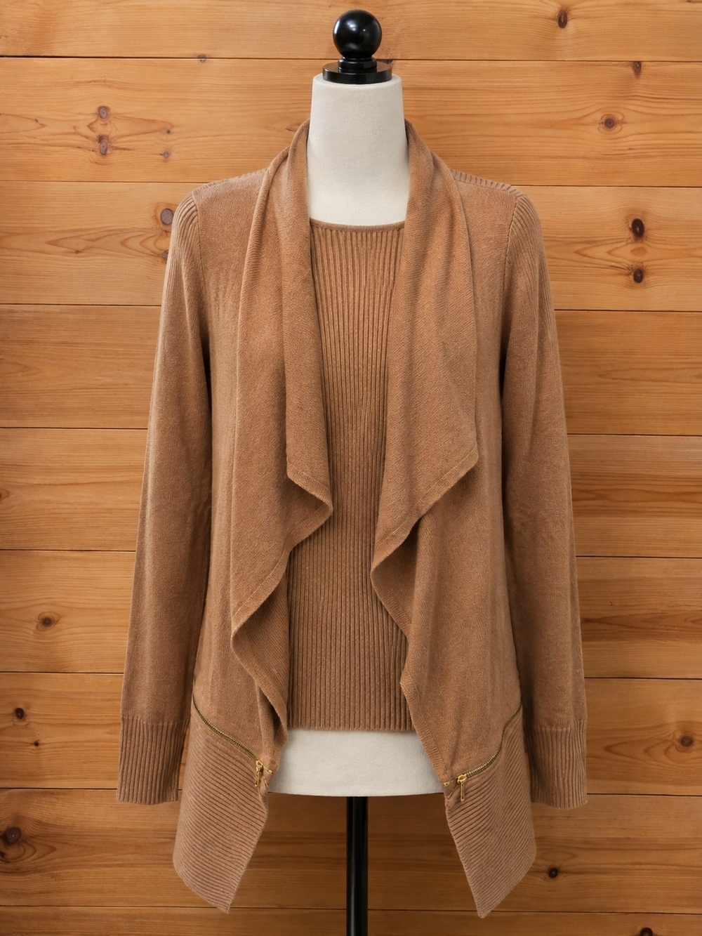 Kenneth Cole New York Camel Open-Front Draped Cardigan